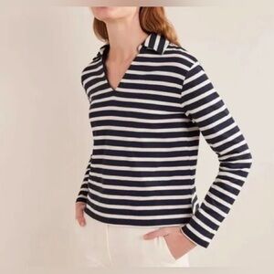 Boden Notch Collar Stripe Top Navy/Ivory Stripe Long Sleeve Shirt  Size small